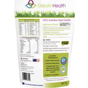 Gelatin Health food grade gelatin rear view of a 1000 gram package