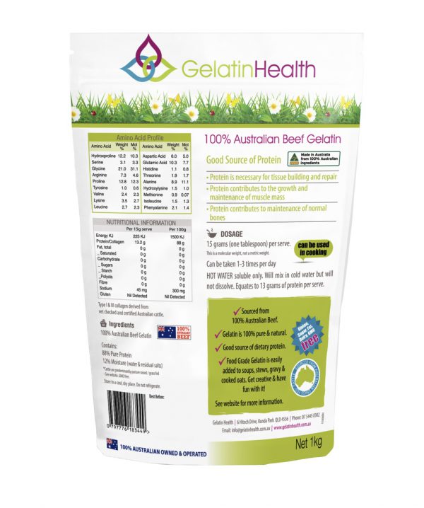 Gelatin Health food grade gelatin rear view of a 1000 gram package