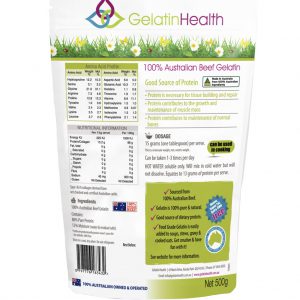 Gelatin Health food grade gelatin rear view of a 500 gram package