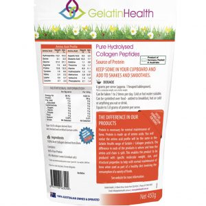 Back package view of Gelatin Health 100 percent beef collagen for healthy bones