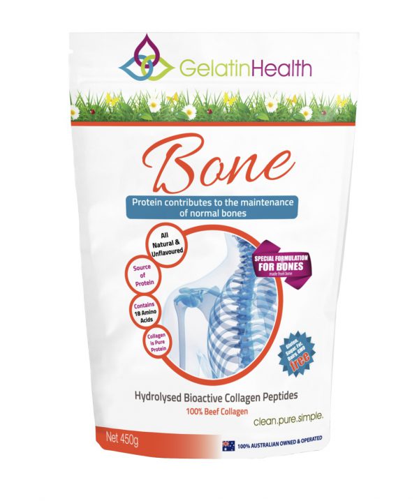 Front package view of Gelatin Health 100 percent beef collagen for healthy bones