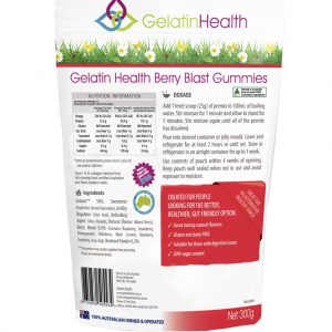 Gelatin Health Gummy Goodness berry blast rear view of a 300 gram package