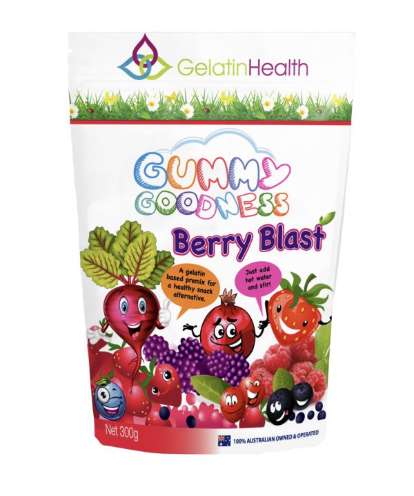 Gelatin Health Gummy Goodness berry blast front view of a 300 gram package