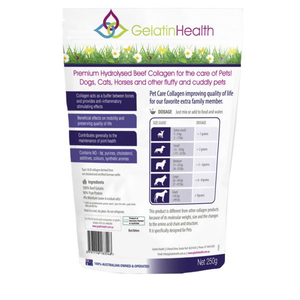 Gelatin Health pet care beef collagen rear view of a 250 gram package