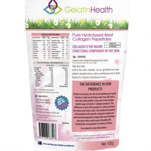 Gelatin Health Skin a collagen formula for soft skin rear package of 100 grams