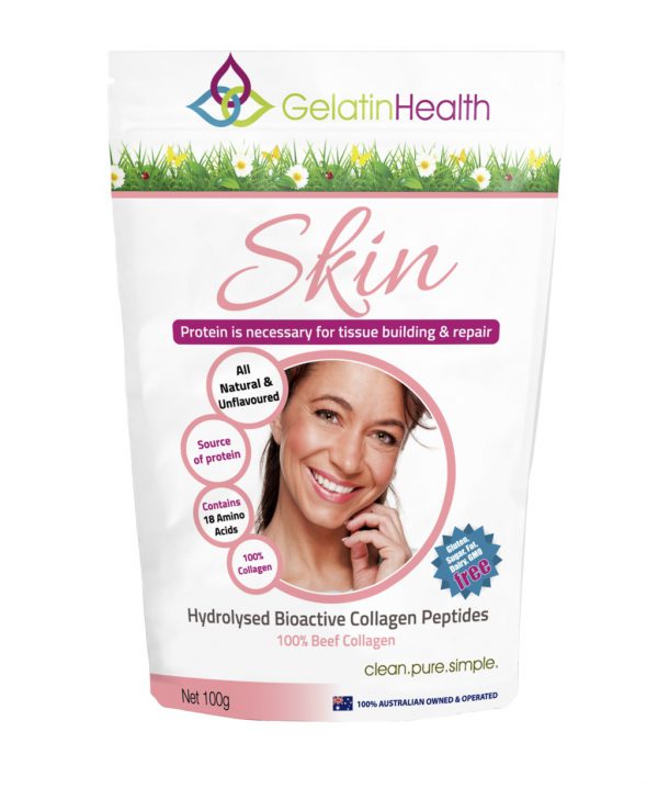 Gelatin Health Skin a collagen formula for soft skin front package of 100 grams