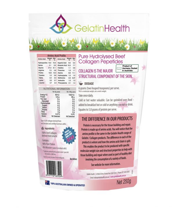Gelatin Health Skin a collagen formula for soft skin rear package of 250 grams
