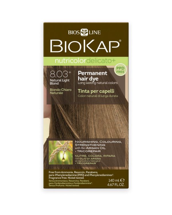 BioKap Nutricolor Delicato PLUS Permanent Hair Dye 8.03 Natural Light Blond in a 140 ml Bottle