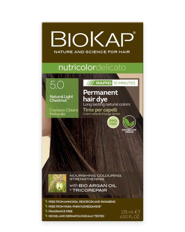 BioKap Nutricolor Delicato RAPID Permanent Hair Dye 5.0 Natural Light Chestnut in a 135 ml package.