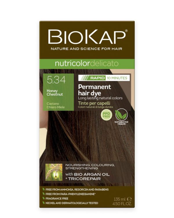 BioKap Nutricolor Delicato RAPID Permanent Hair Dye 5.34 Honey Chestnut in a 135 ml package.