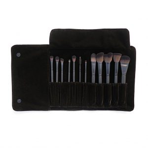 Eco by Sonya Driver 12 piece vegan cosmetic brush set shown in a velvet roll case