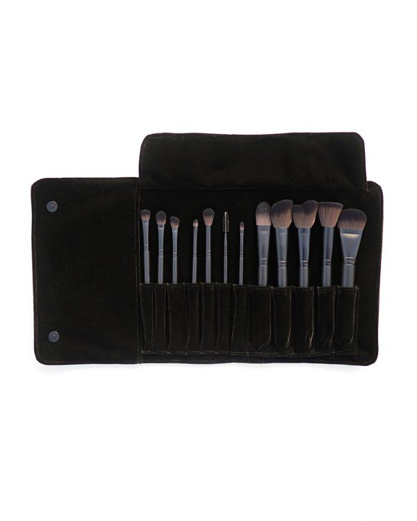 Eco by Sonya Driver 12 piece vegan cosmetic brush set shown in a velvet roll case