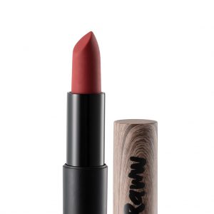 Raww - Coconut Kiss Lipstick in the shade of Candy Apple displayed with cap off