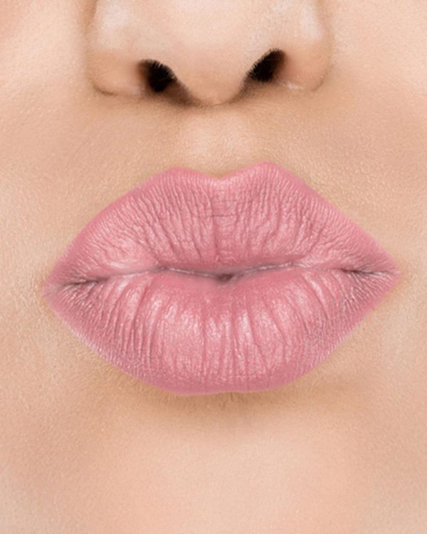 Raww - Coconut Kiss Lipstick in the shade of Poetic Pink with a closeup image applied to a woman's puckered lips
