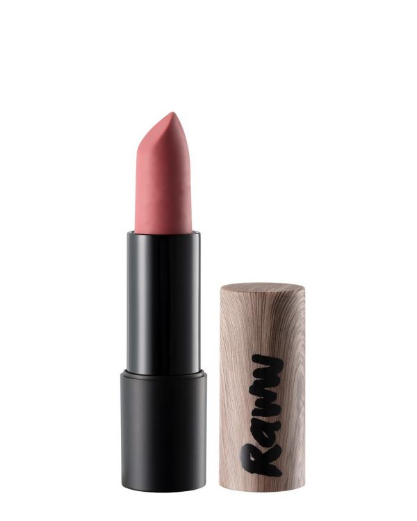 Raww - Coconut Kiss Lipstick in the shade of Pomegranate Parade displayed with cap off