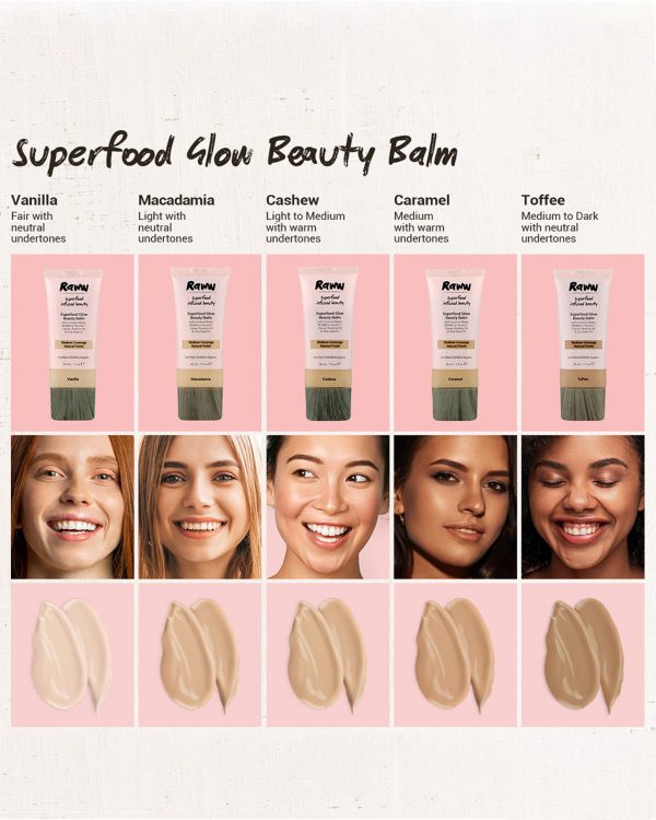 Raww foundation shade match chart for their Superfood Glow Beauty Balm Cream