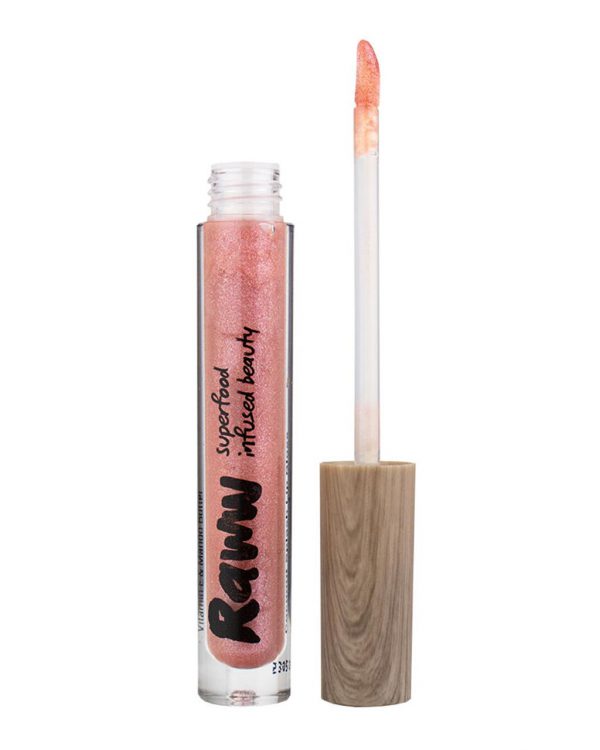 Raww - Coconut Splash Sheer Lip Gloss opened container in the shade of Berry Fizz