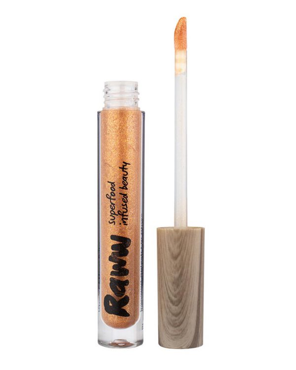 Raww - Coconut Splash Sheer Lip Gloss opened container in the shade of Cinnamon Fizz