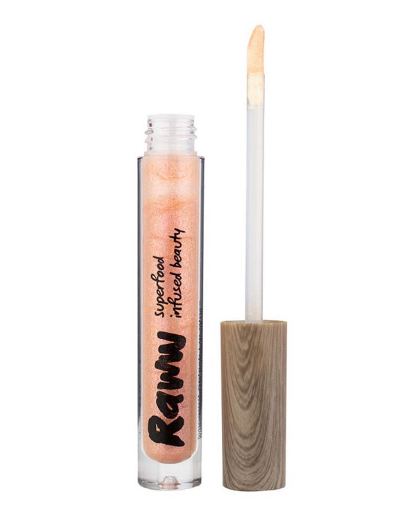 Raww - Coconut Splash Sheer Lip Gloss opened container in the shade of Lychee Fizz