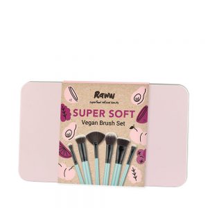 Raww brand super soft makeup vegan brush set showing new box with package label