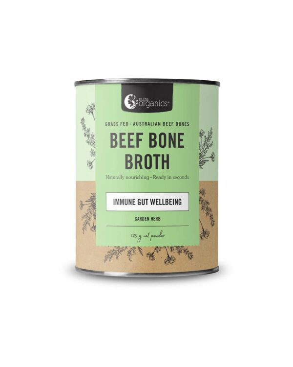 Nutra Organics Garden Herb Flavour Beef Bone Broth in a new 125 gram canister