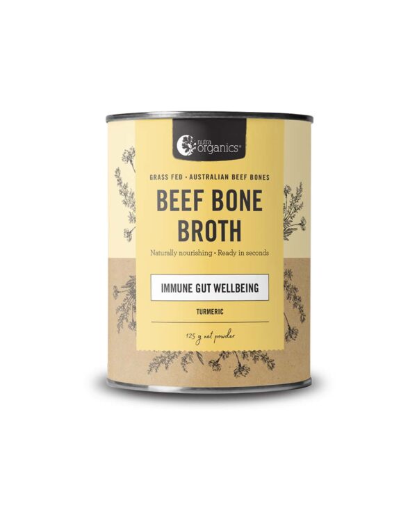 Nutra Organics Turmeric Flavour Beef Bone Broth in a new 125 gram canister