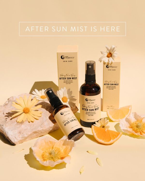 Nutra Organics After Sun Mist Skin Care sizes with oranges and flowers in a styled image