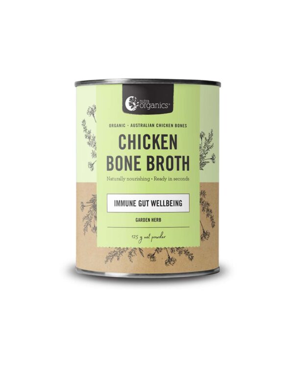 Nutra Organics Garden Herb Flavour Chicken Bone Broth in a new 125 gram canister