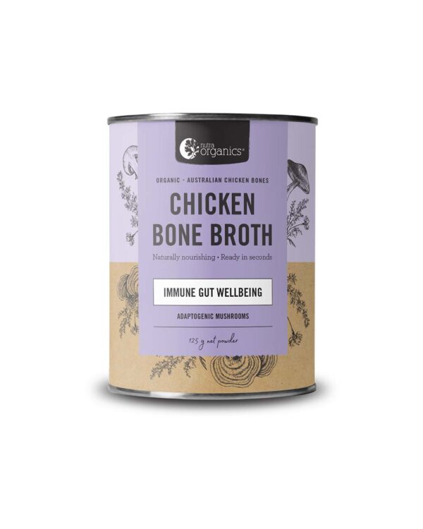 Nutra Organics Adaptogenic Mushroom Flavour Chicken Bone Broth in a new 125 gram canister