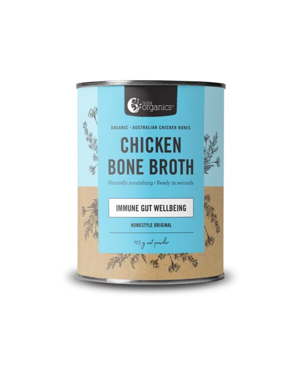 Nutra Organics Homestyle Original Flavour Chicken Bone Broth in a new 125 gram canister
