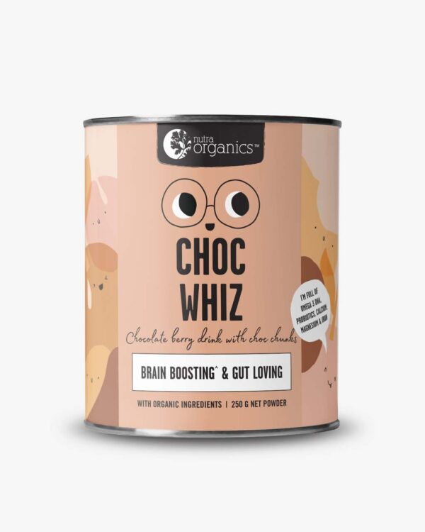 Nutra Organics Choc Whiz for kids inn a 250 gram canister