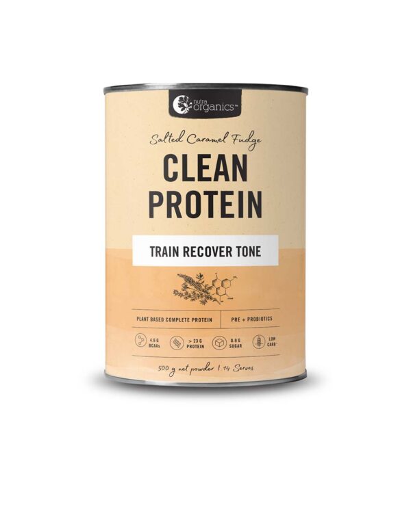 Nutra Organics Clean Protein Salted Caramel Fudge Flavour in a 500 gram canister