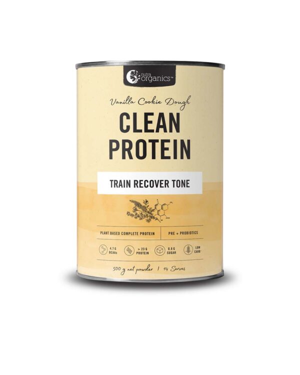 Nutra Organics Clean Protein Vanilla Cookie Dough Flavour in a 500 gram canister