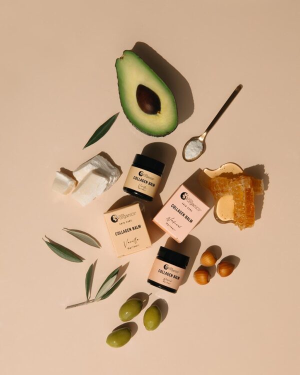 Nutra Organics Vanilla Collagen Balm in a styled image showing ingredients of avacado, olive, Shea Butter and other natural ingredients