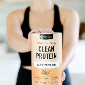 Girl Holding container of Nutra Organics Clean Protein in Salted Caramel Fudge Flavour