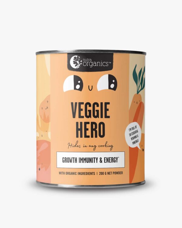 Nutra Organics Veggie Hero for kids in a 200 gram canister