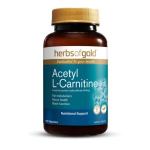 Acetyl L-Carnatine 120 Capsules by Herbs of Gold with front view of bottle