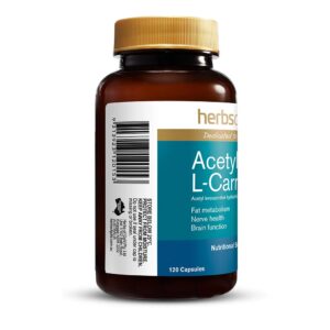 Acetyl L-Carnatine 60 Capsules by Herbs of Gold with left side view of bottle