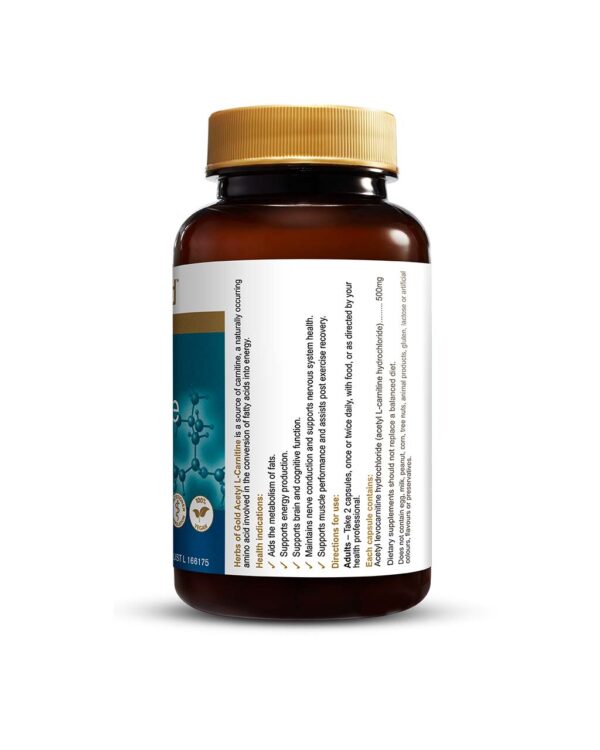 Acetyl L-Carnatine 60 Capsules by Herbs of Gold with right side view of bottle