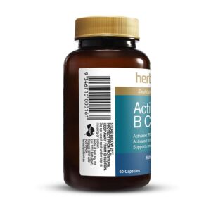 Activated B Complex 60 Capsules by Herbs of Gold with left view of bottle