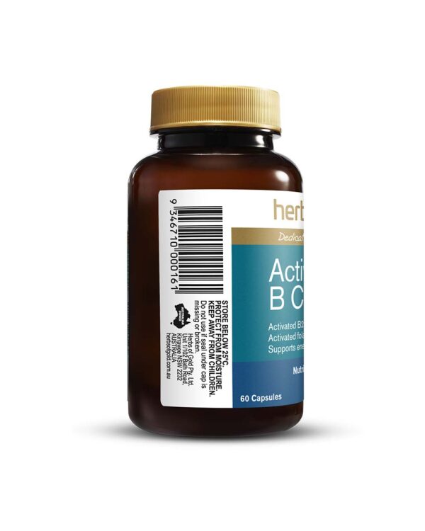 Activated B Complex 60 Capsules by Herbs of Gold with left view of bottle