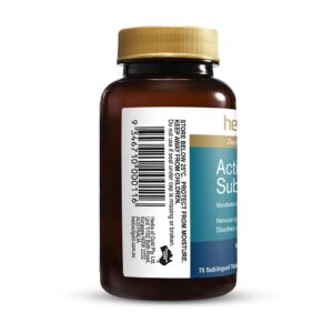Herbs of Gold - Activated Sublingual B12 formula showing the left view of a 75 Sublingual Tablet bottle