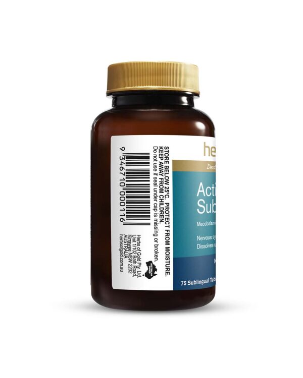 Herbs of Gold - Activated Sublingual B12 formula showing the left view of a 75 Sublingual Tablet bottle
