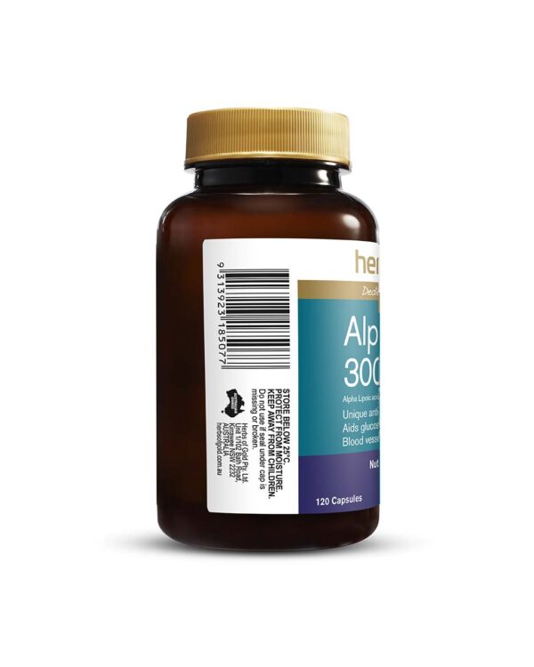 Herbs of Gold - Alpha Lipoic Acid 300 mg formula showing the left view of a 120 Capsule bottle