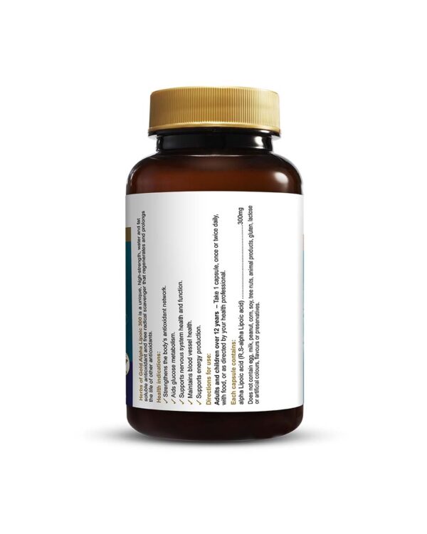 Herbs of Gold - Alpha Lipoic Acid 300 mg formula showing the right view of a 120 Capsule bottle