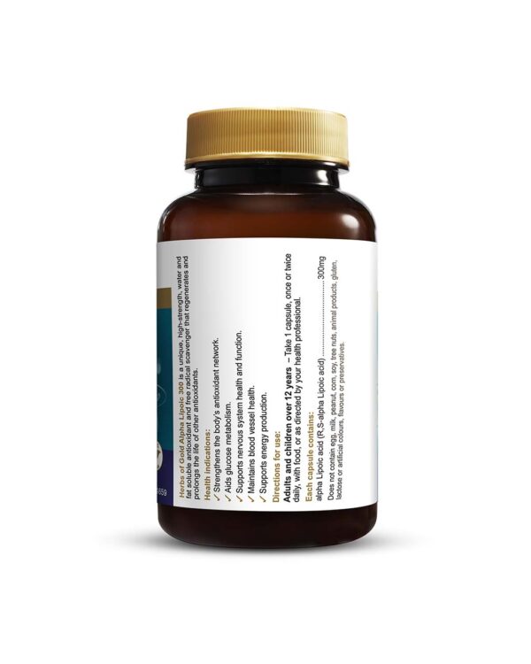 Herbs of Gold - Alpha Lipoic Acid 300 mg formula showing the right view of a 60 Capsule bottle