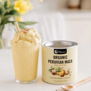 Nutra Organics Organic Peruvian Maca delicious creamy smoothie beside product container