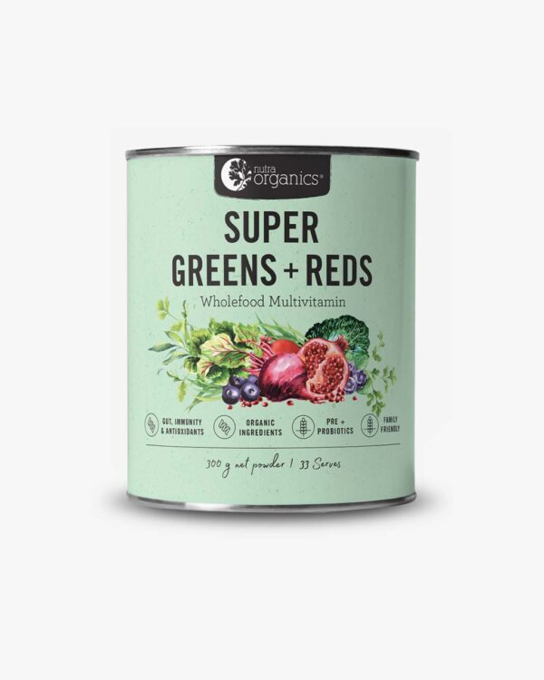 Nutra Organics Super Greens plus Reds in a 300 gram container