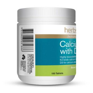 Herbs of Gold – Calcium K2 with D3 left view of a 180 Tablet bottle