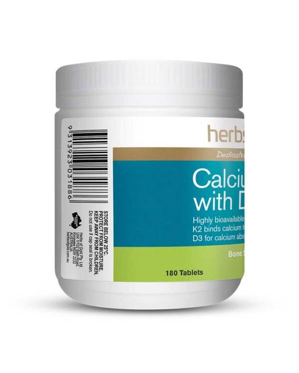 Herbs of Gold – Calcium K2 with D3 left view of a 180 Tablet bottle